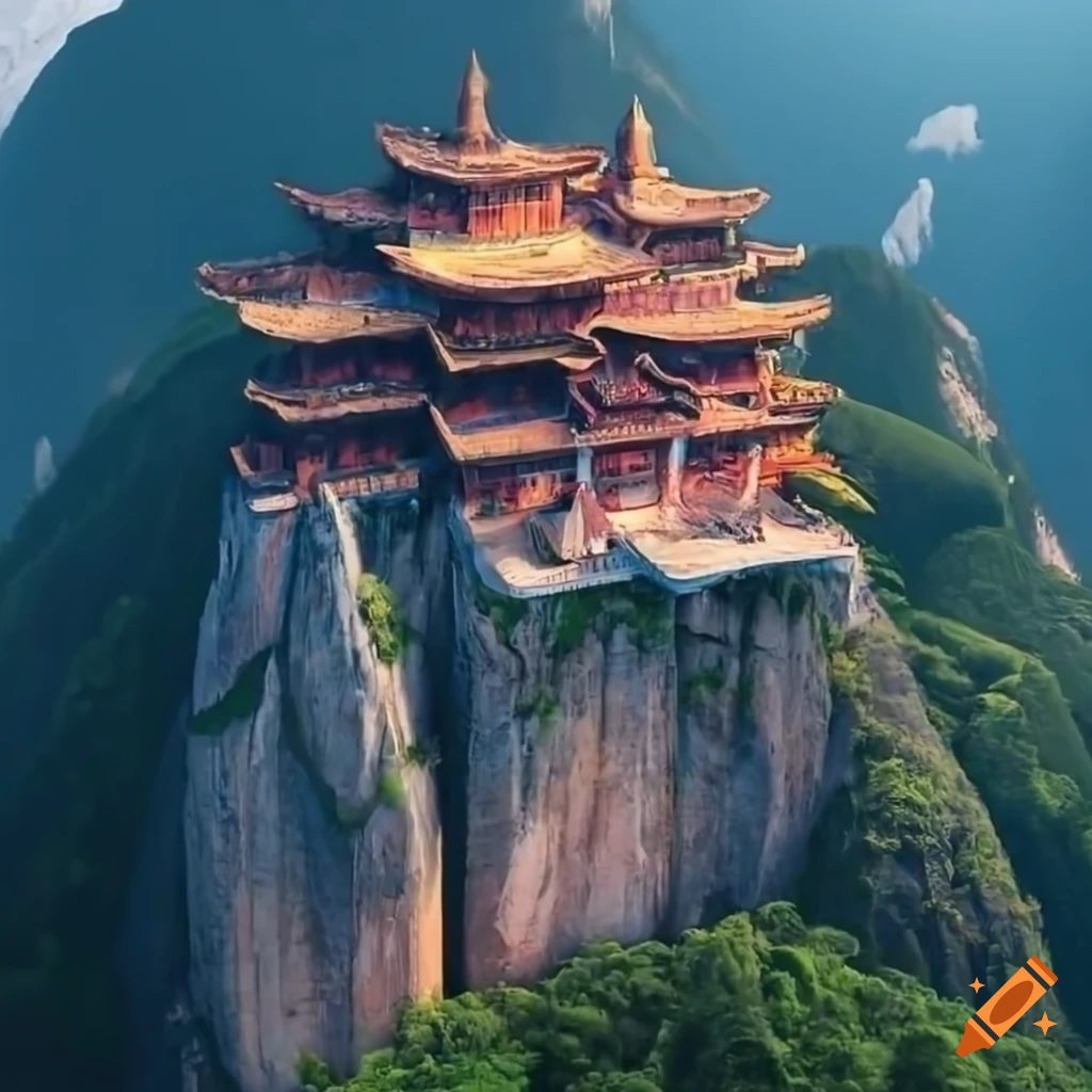 Aerial view of a mountaintop martial arts sect on Craiyon