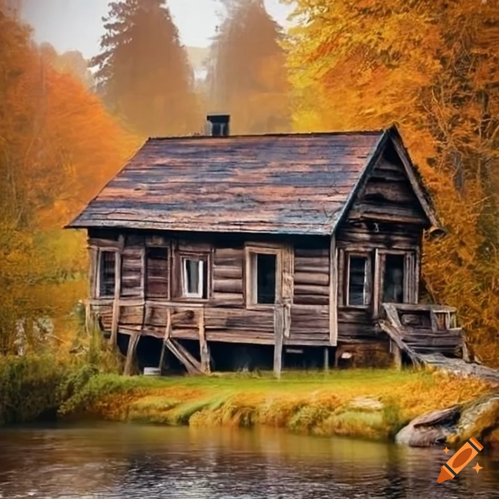autumn scene with a wooden house by the river