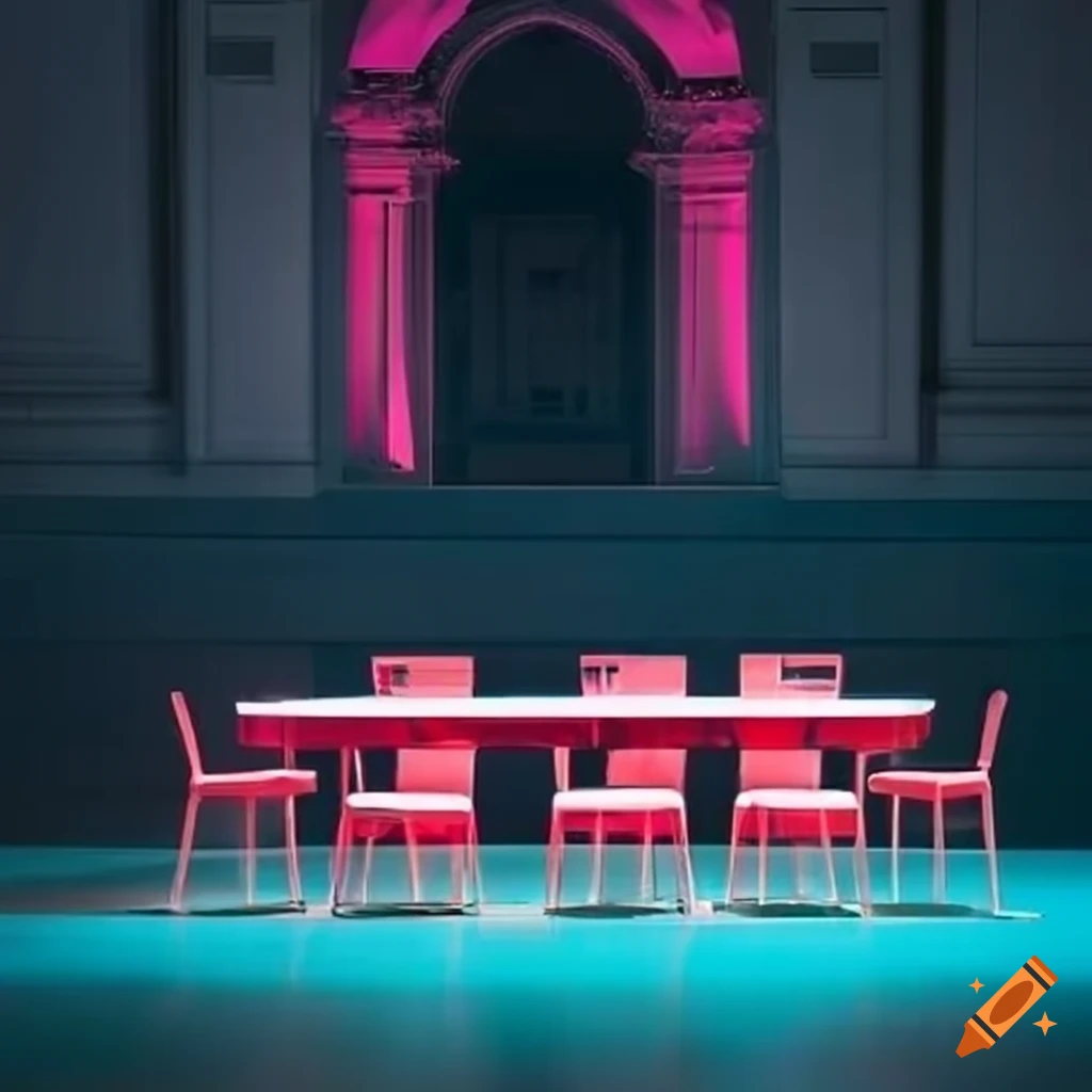Interior setup with rectangular table and red chairs on Craiyon