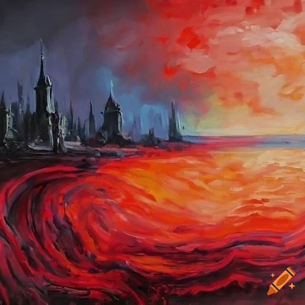 impressionist painting of a red tidal wave approaching a city
