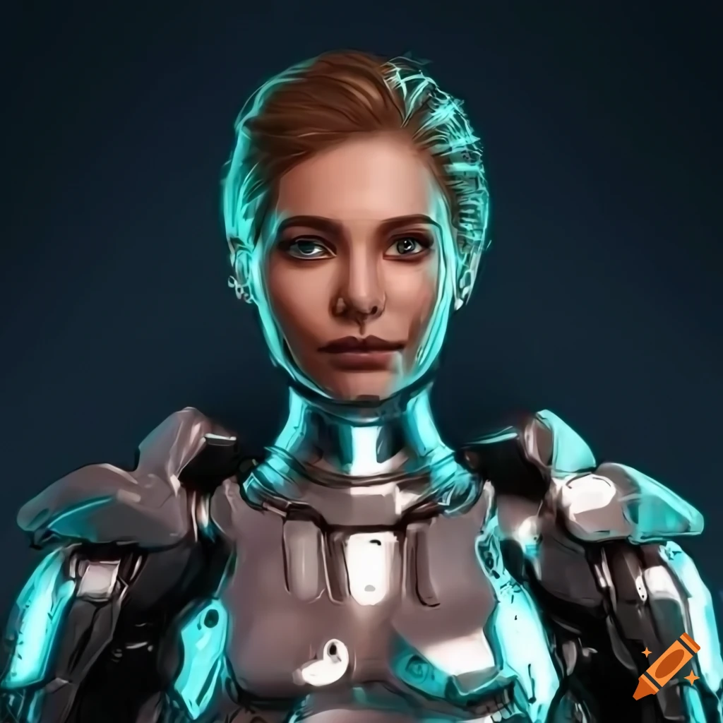 Futuristic female cyborg in chrome armor standing in a spaceship on Craiyon