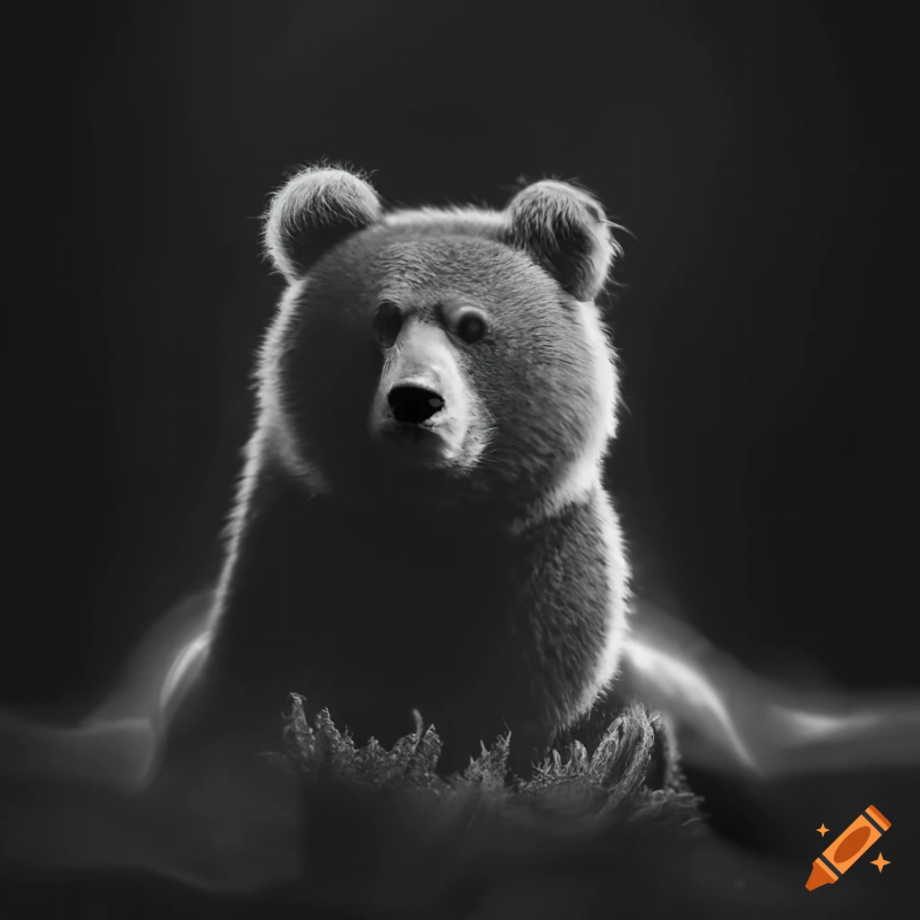 black and white image of a lonely bear