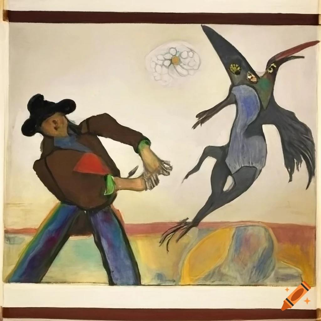 painting of a pterodactyl fighting a cowboy in a Wild-West rodeo