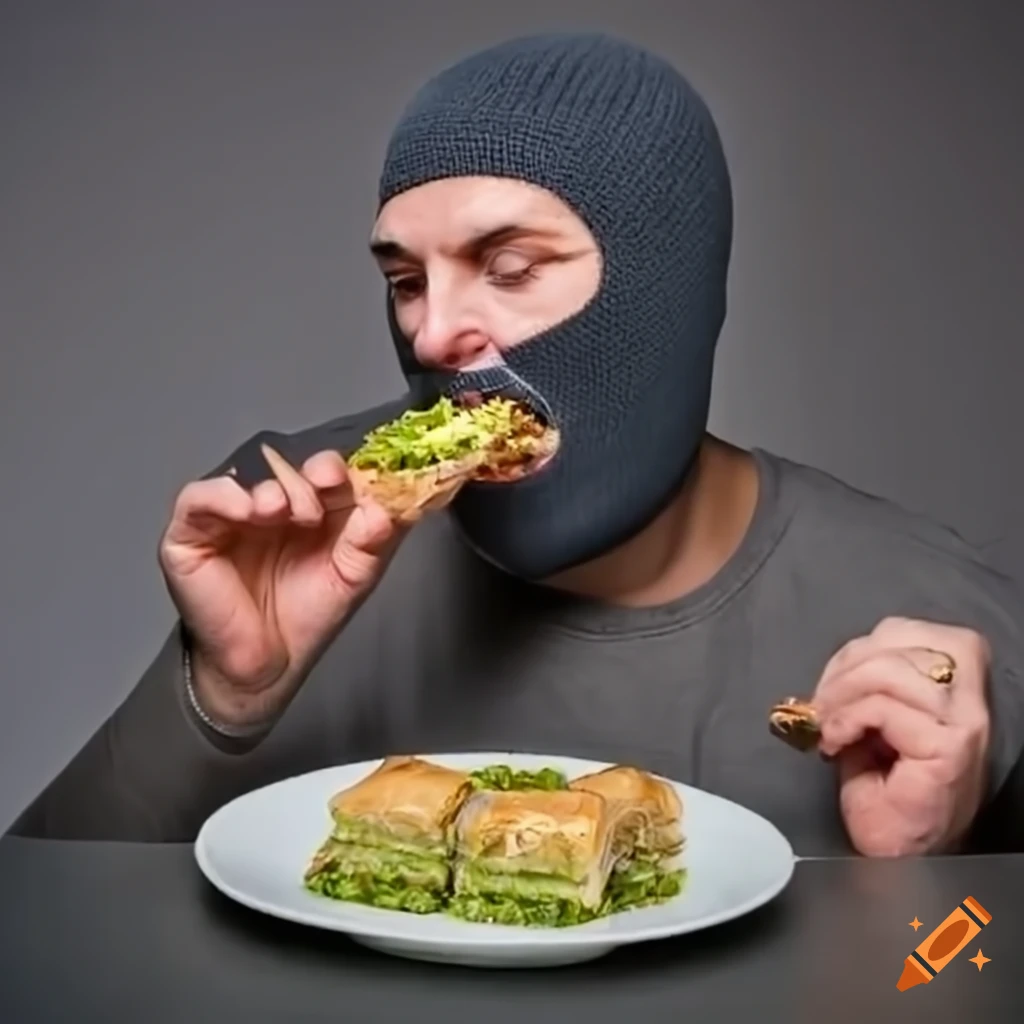 Person enjoying baklava while wearing a balaclava on Craiyon