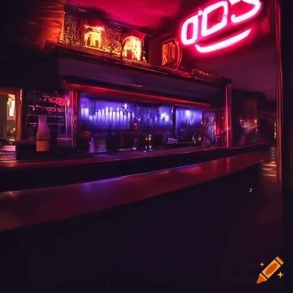 realistic depiction of a neon-lit bar with 'Cherry Bomb' sign