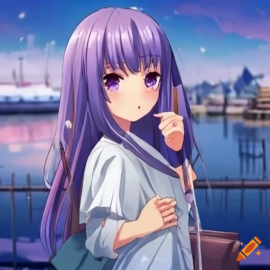 Anime girl holding a neon purple butterfly on Craiyon