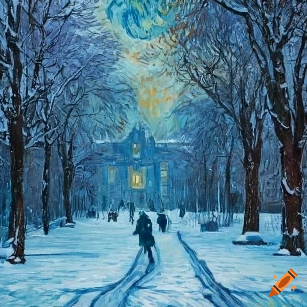 vincent van gogh-style snow storm at college campus