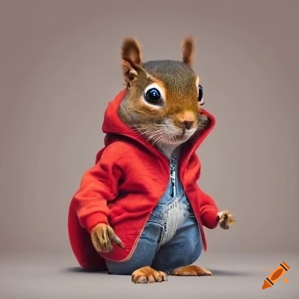 Anthropomorphic squirrel wearing hoodie and jeans