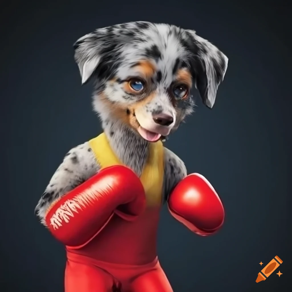 Dog wearing red boxing gloves and yellow wrestling singlet