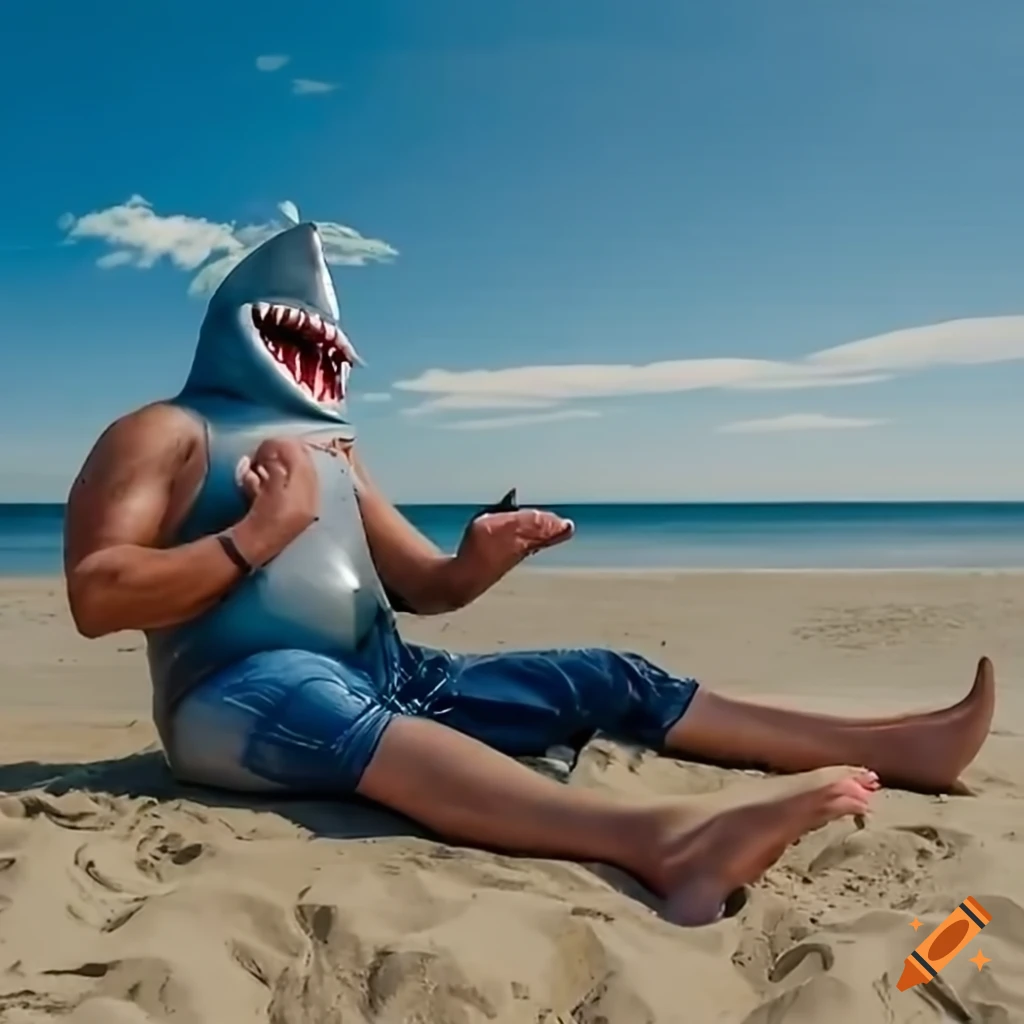 man in a latex shark mask chilling at the beach