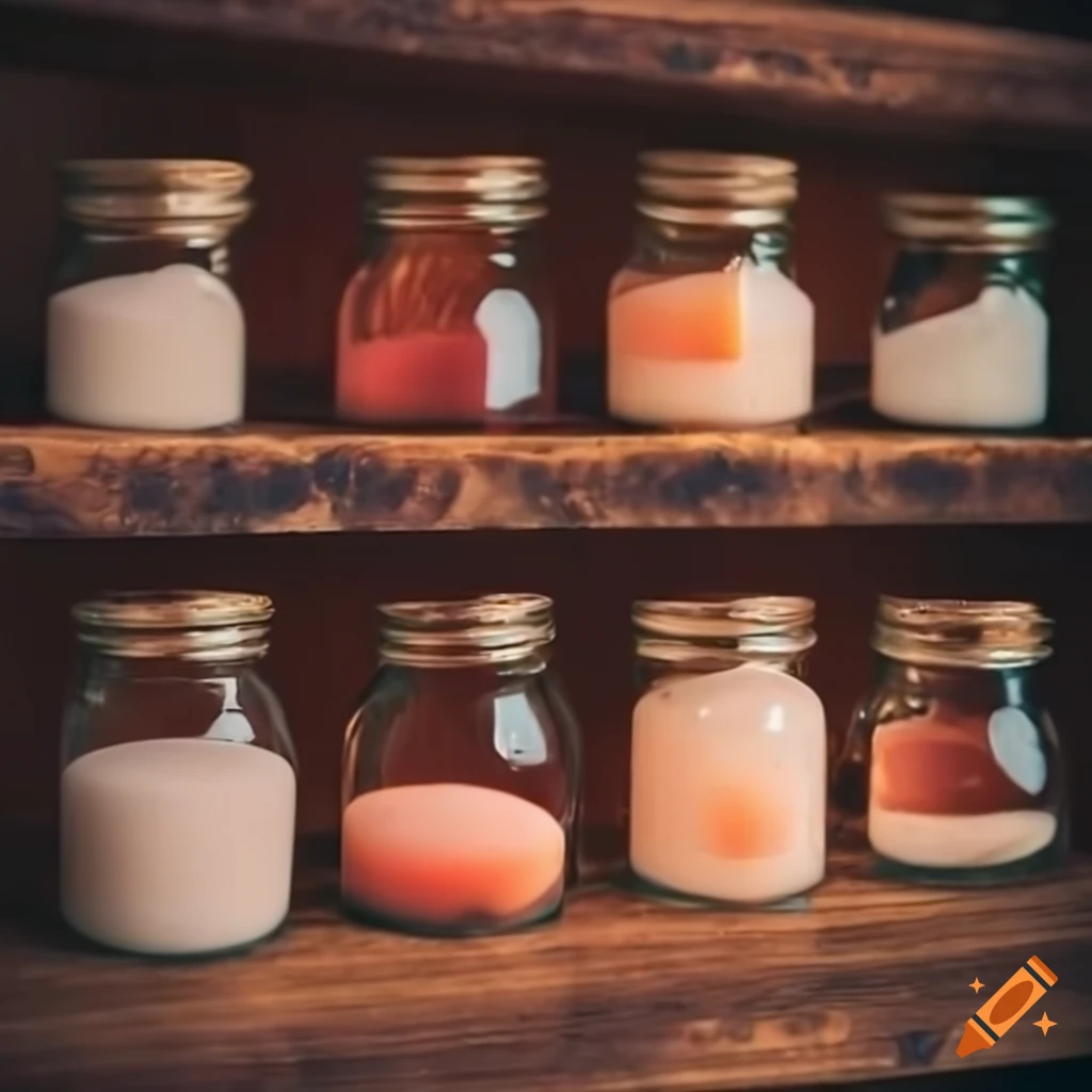 Glass jars of cloudy potion on wooden shelf on Craiyon