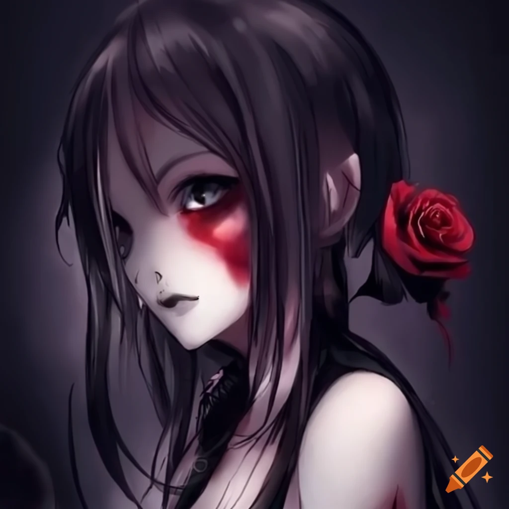 scary anime girl holding a black rose