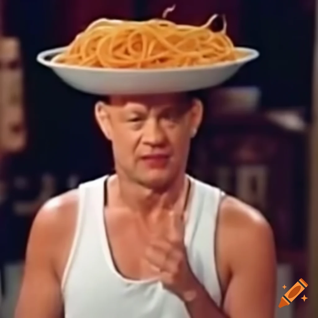 funny image of Tom Hanks with spaghetti on his head