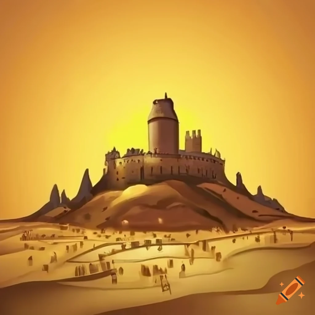 Aerial view of a stone castle with mayan-inspired towers on Craiyon