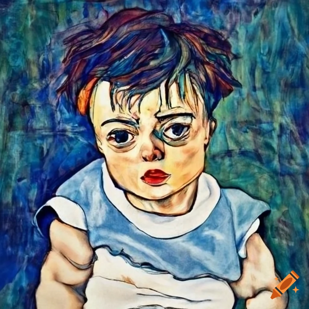 baby with white and blue t-shirt in Egon Schiele style
