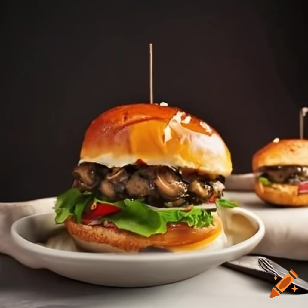 Delicious burger with sautéed mushrooms on Craiyon