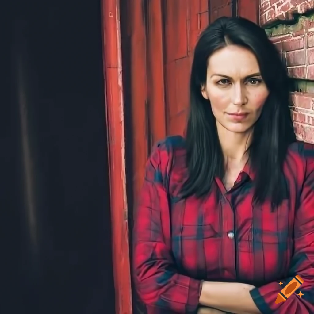 Closeup of a young woman in red plaid shirt and black leather trousers ...
