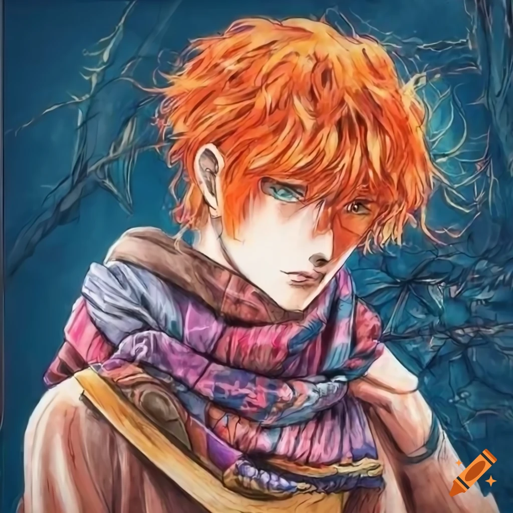detailed colored pencil drawing of a man with orange hair