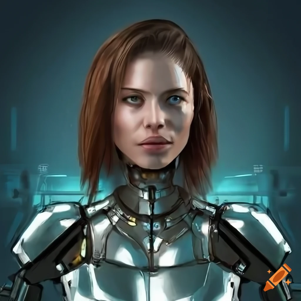 Futuristic female cyborg in chrome armor standing in a spaceship