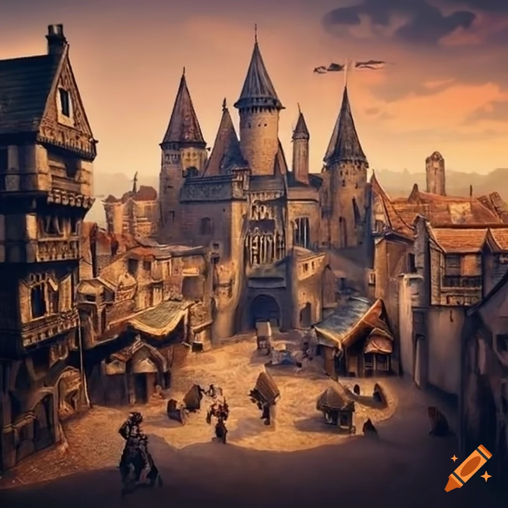 Medieval city with busy streets and tinker shops during the day on Craiyon