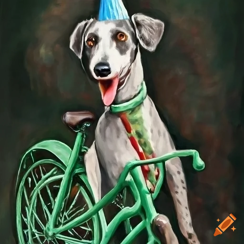 Lempicka style painting of a gray italian greyhound riding a bicycle