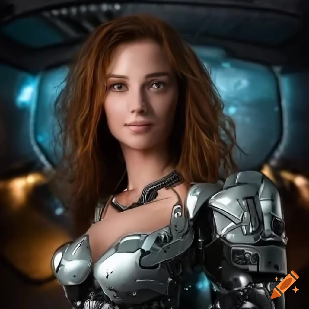 Futuristic female cyborg in chrome armor standing in a spaceship