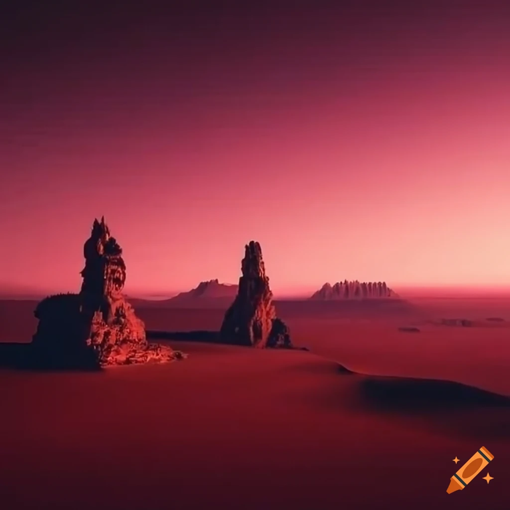 eerie desert with demon statues and red clouds