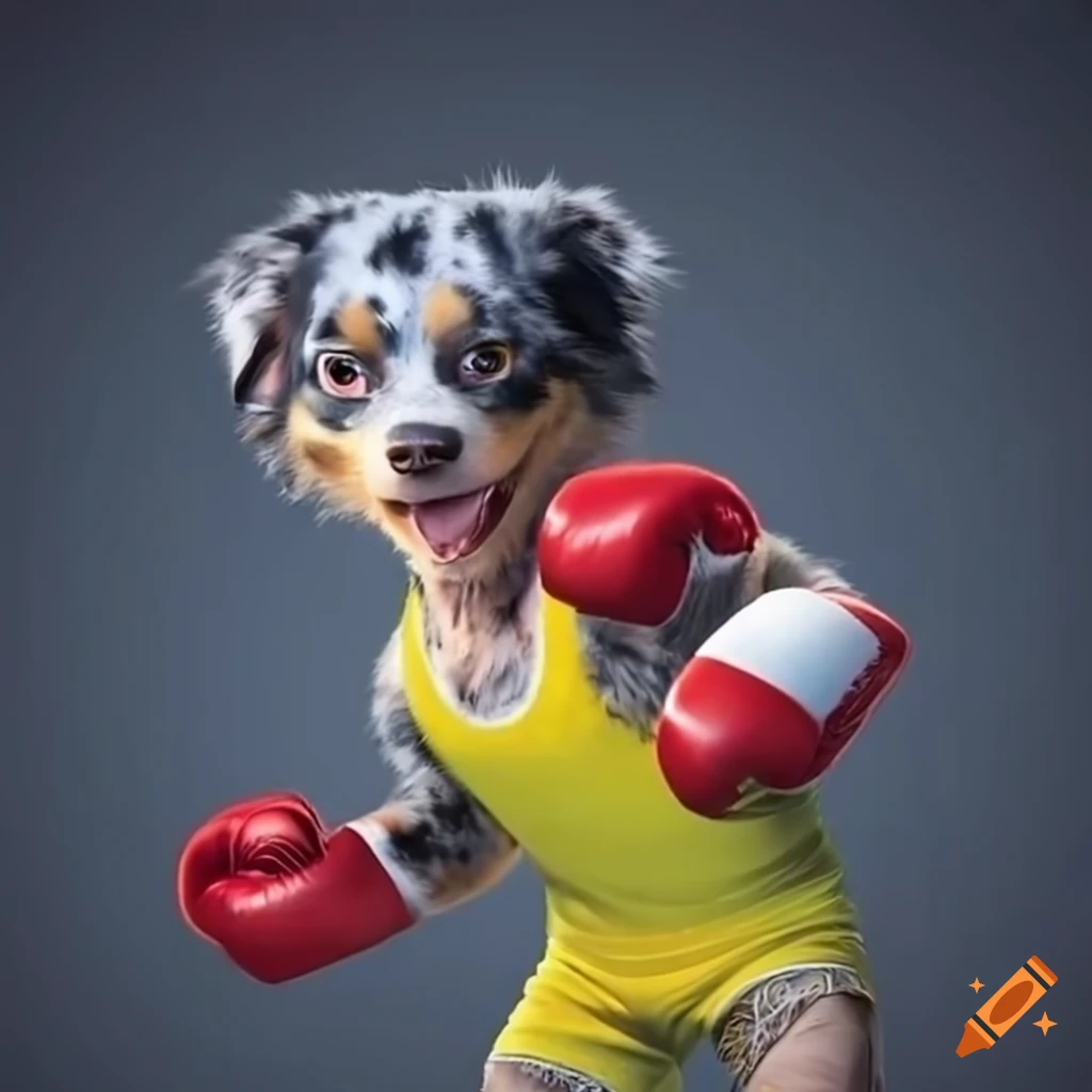 Australian shepherd dog boy in red boxing gloves and yellow wrestling singlet on Craiyon