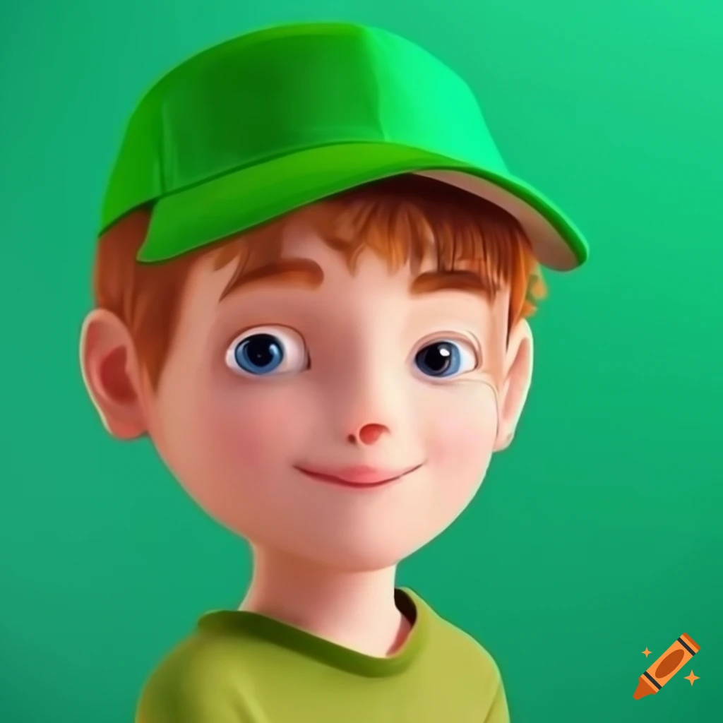 Portrait of a boy wearing a green cap and green t-shirt on Craiyon