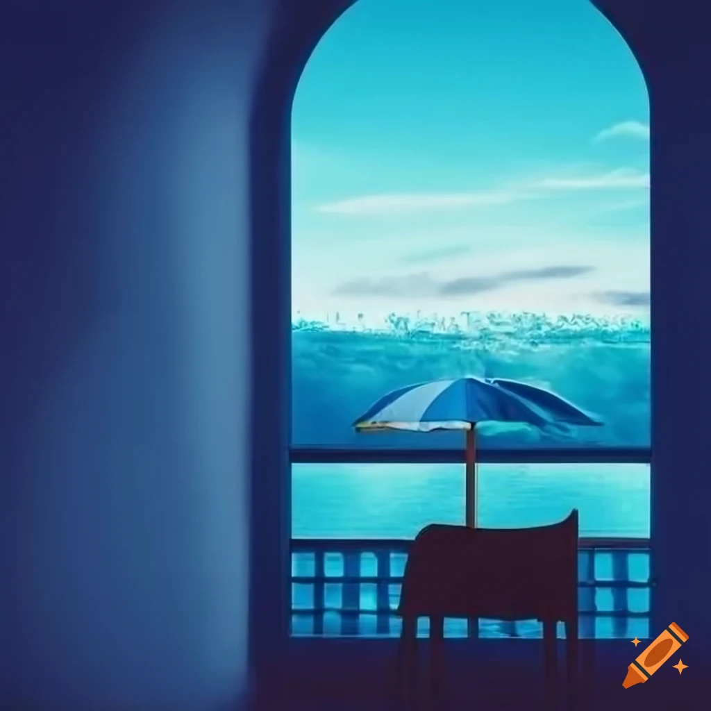 Blue umbrella in a room with a photo of a river