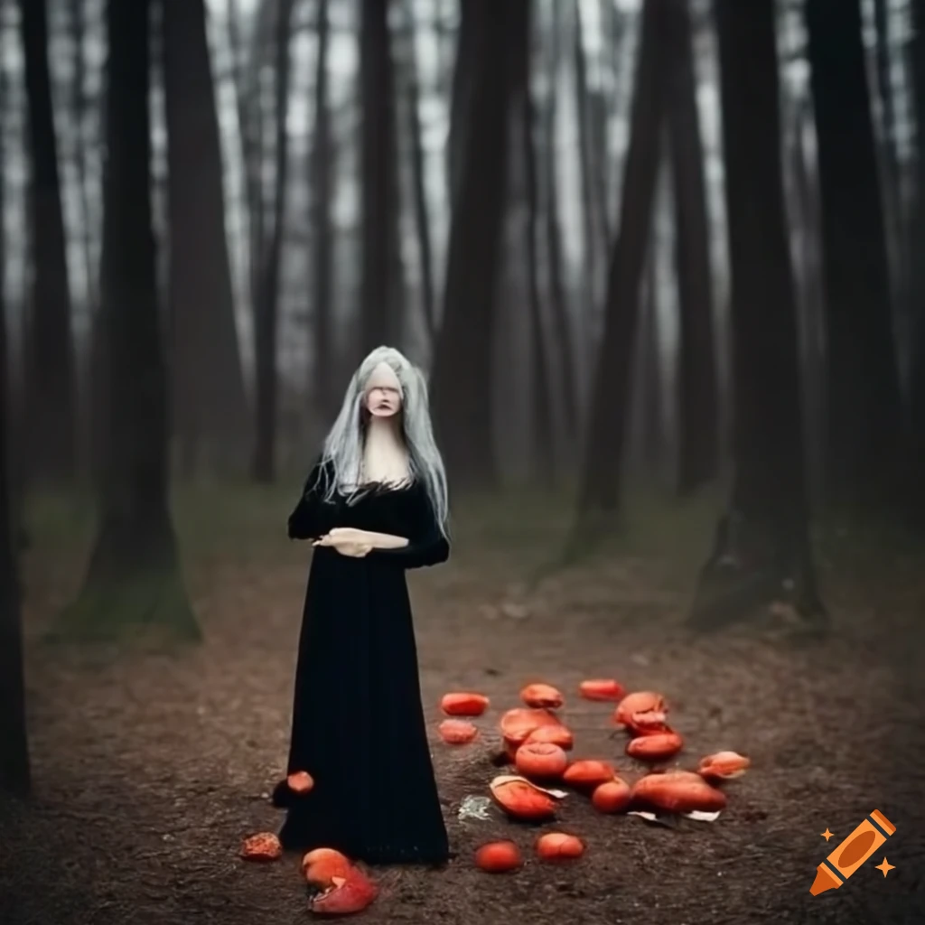 image of a witch collecting red mushrooms in a dark forest