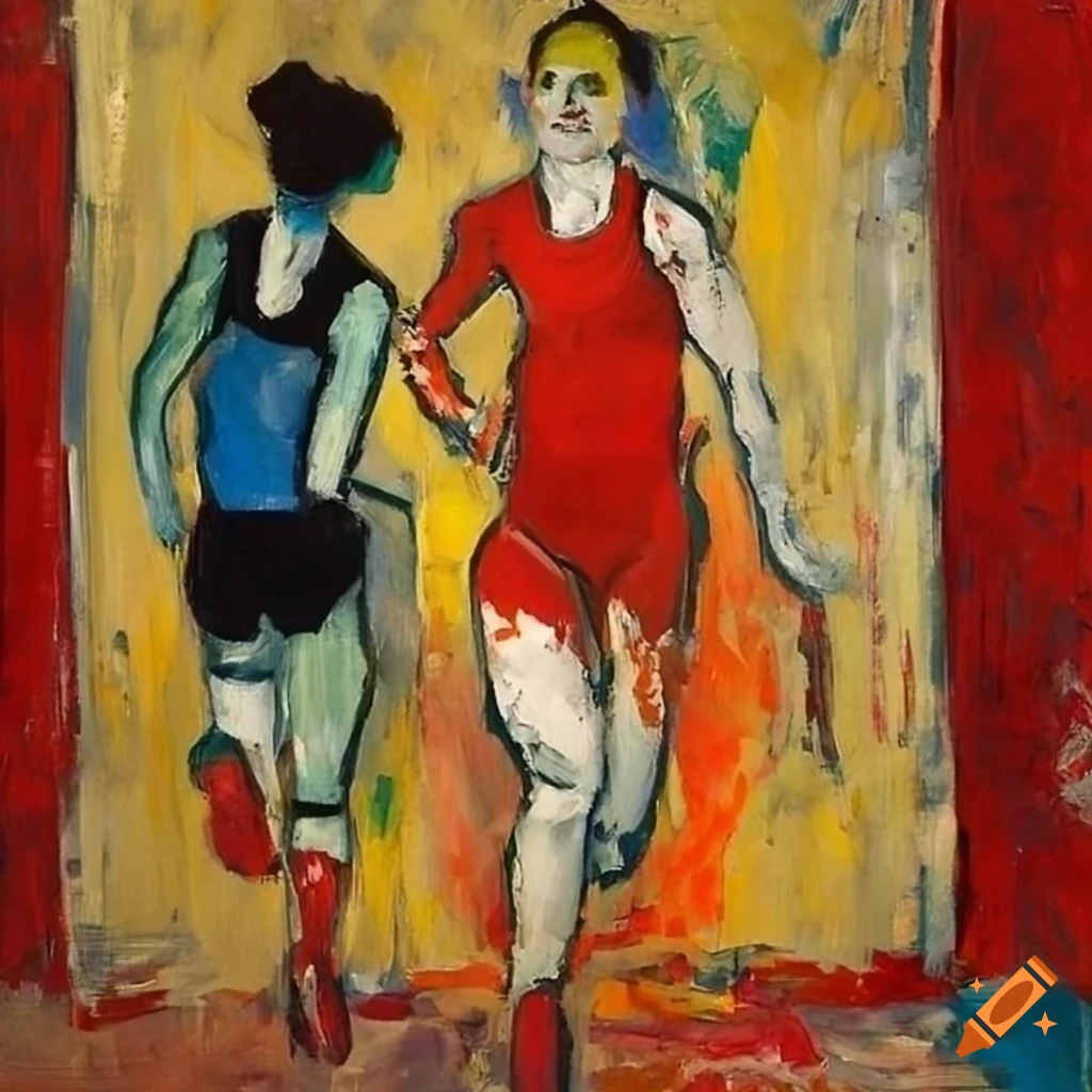 Painting of an athletic girl running with colorful ghosts on Craiyon