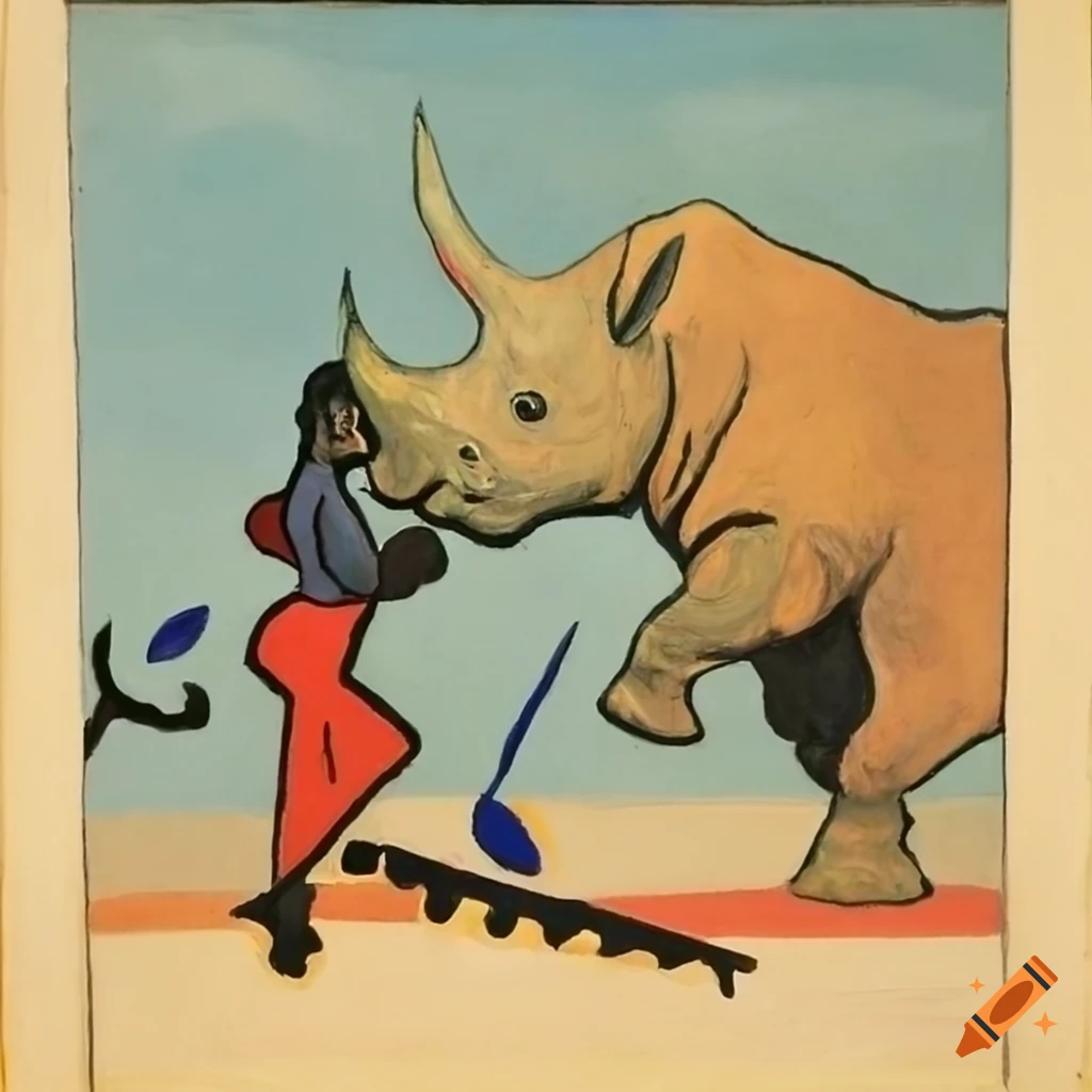 painting of a rhinoceros and cowboy in a Wild-West scene