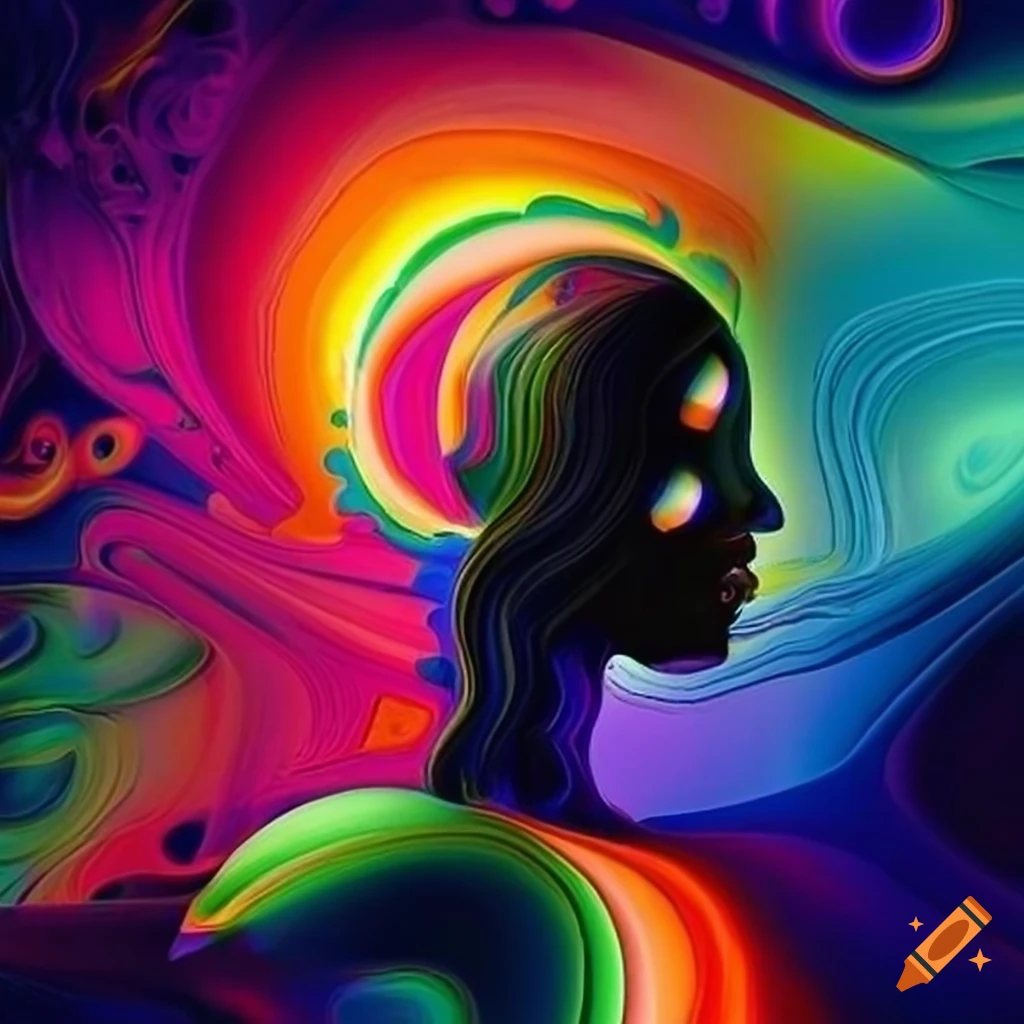 Colorful art piece with swirling patterns and a person with open arms ...