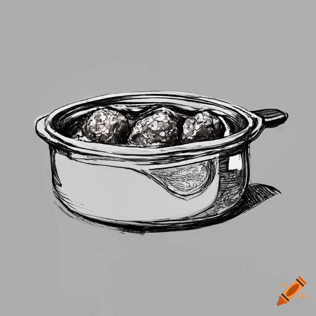 Continuous line ink drawing of meatballs in saucepan on Craiyon