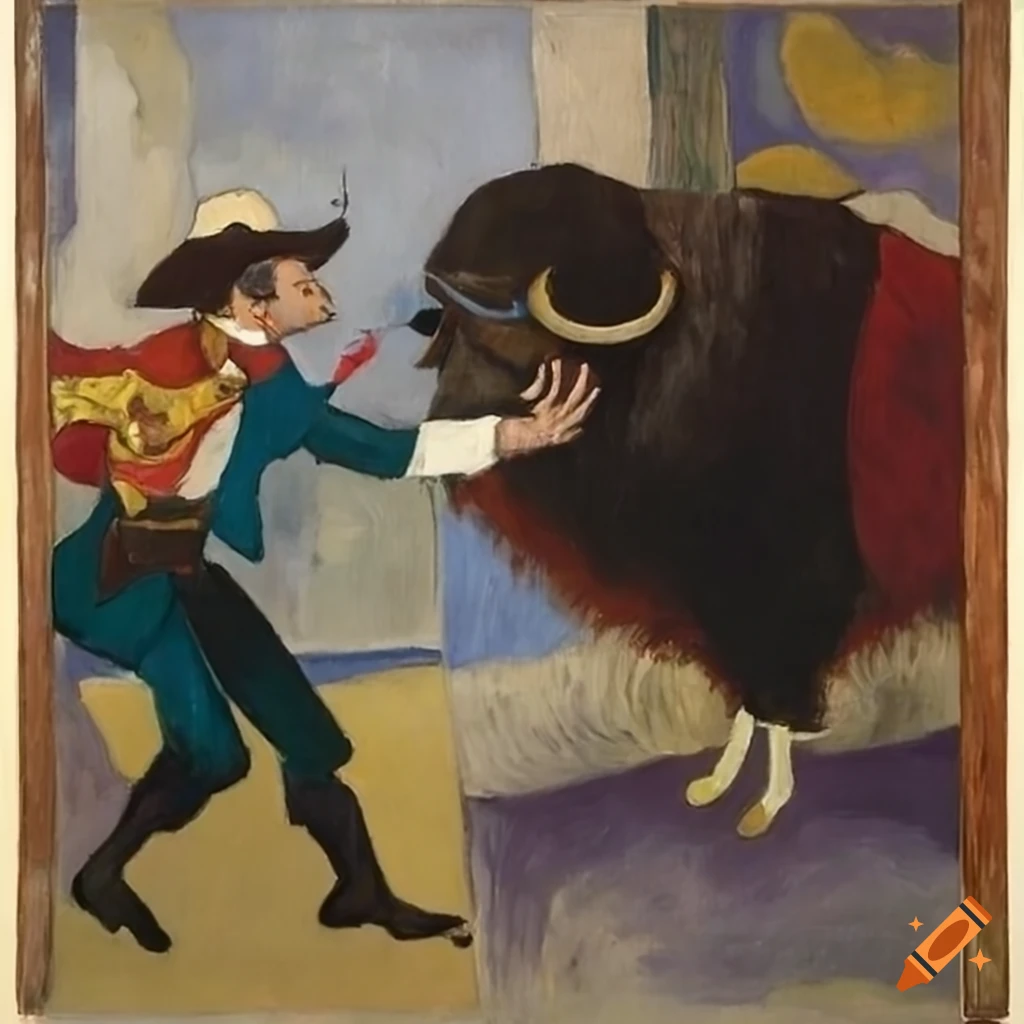 artistic depiction of a muskox in a Wild-West rodeo