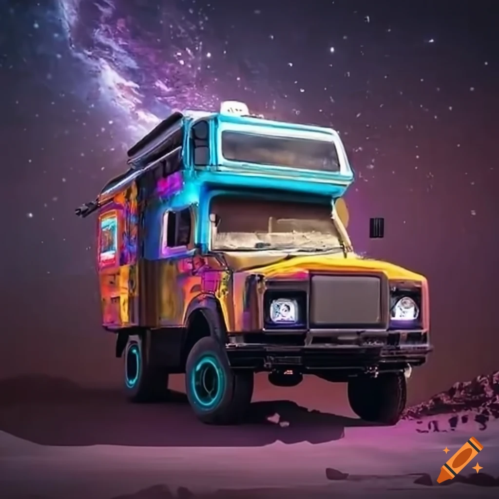 psychedelic Mad Max RV truck in a fantastical world
