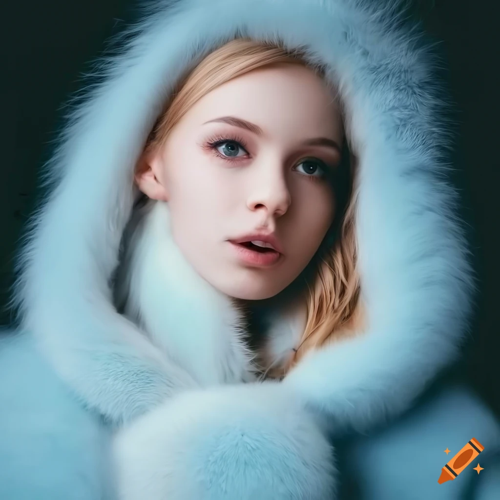 Young woman wearing a fluffy fur coat with a hood