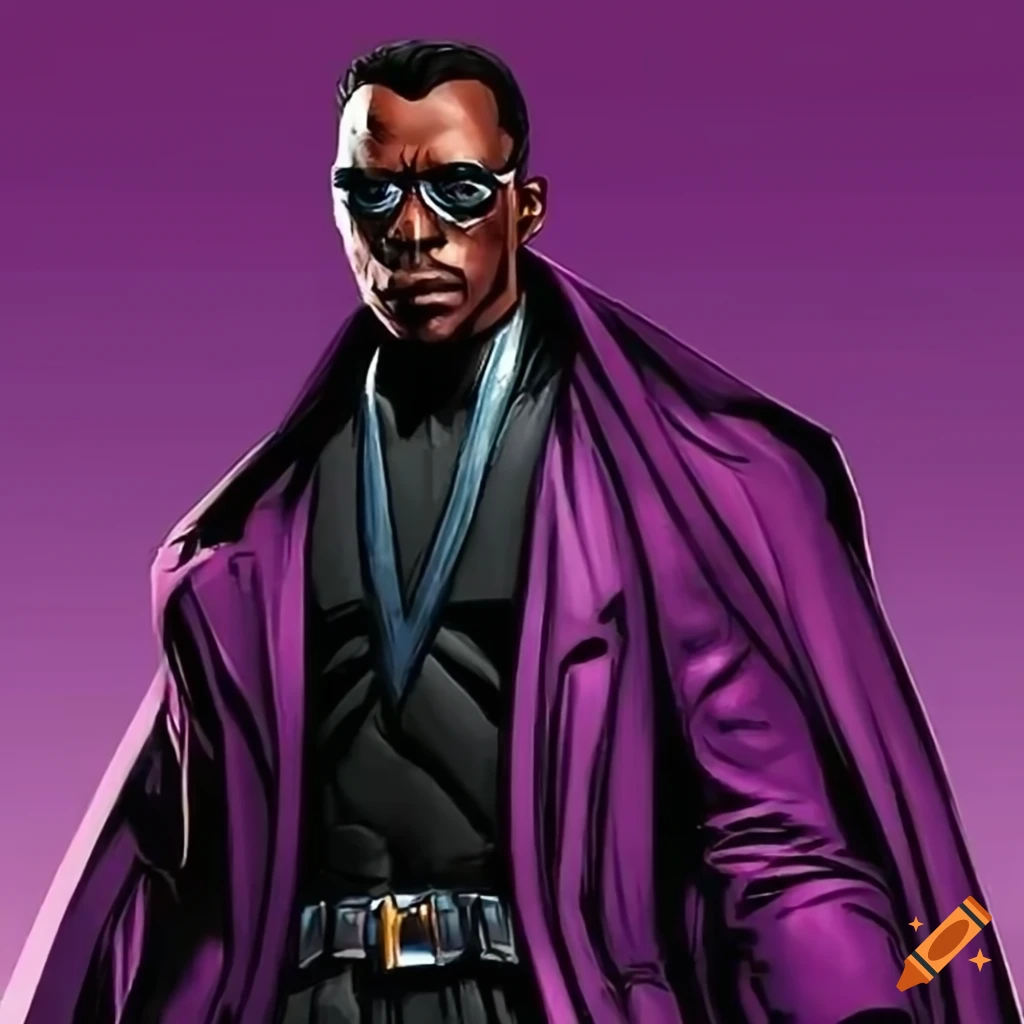 Blade in a stylish purple suit with weapons on Craiyon