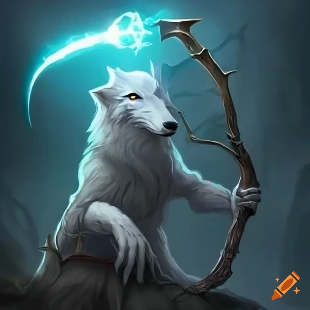 Art of a white wolf with a glowing scythe