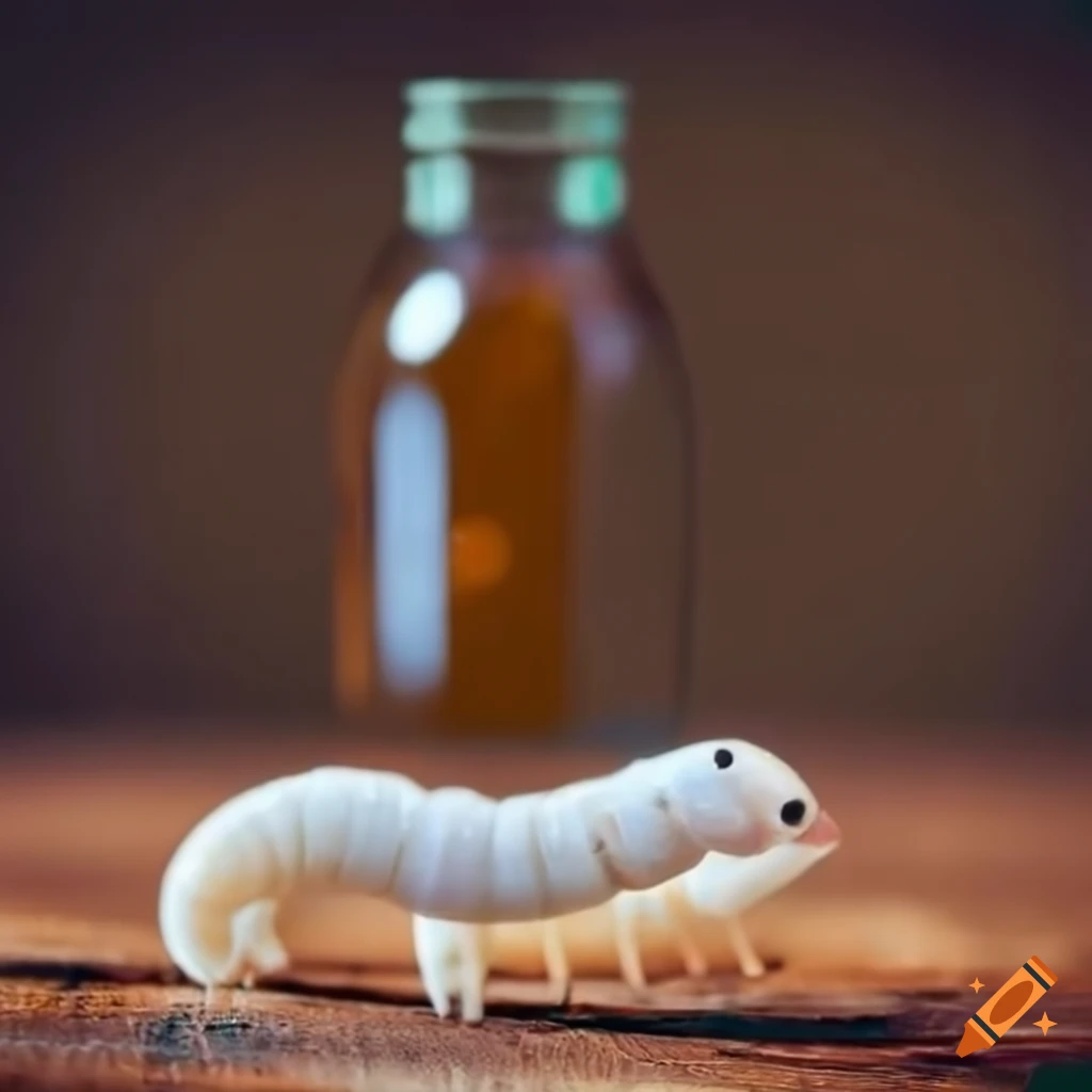 white worm in a bottle on a wooden desk