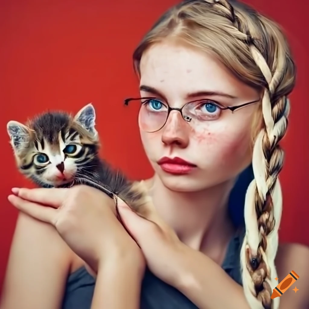 woman with blonde braids holding a kitten