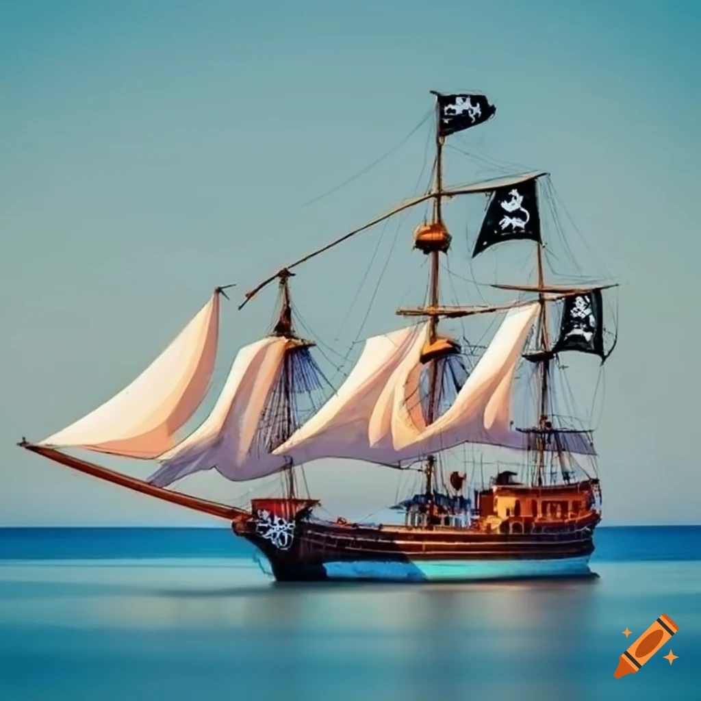 pirate ship with white sail on sunny beach