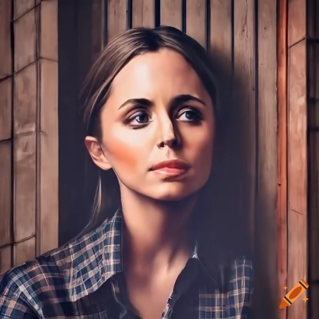 photorealistic image of a woman in plaid shirt and leather trousers