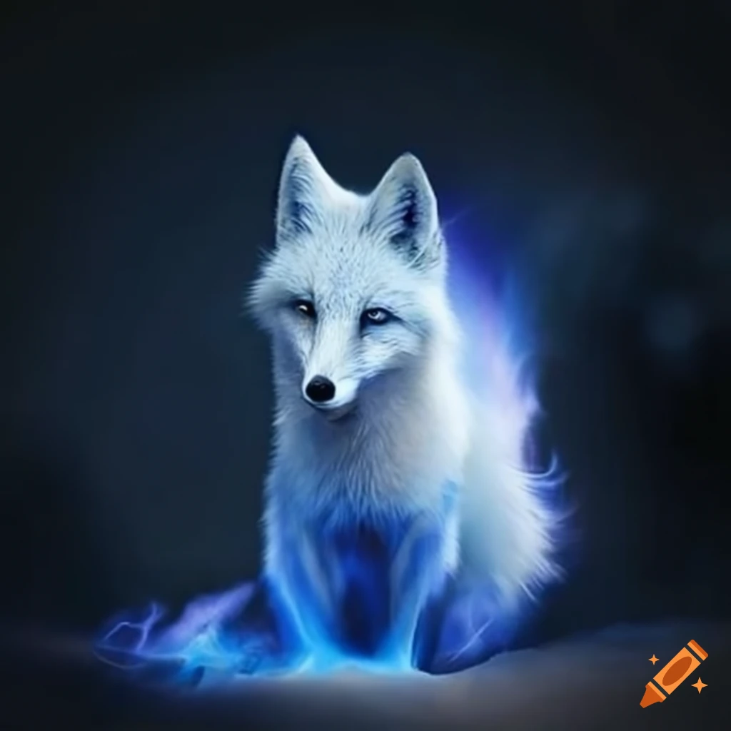 Image of a white fox with a blue fire tail on Craiyon