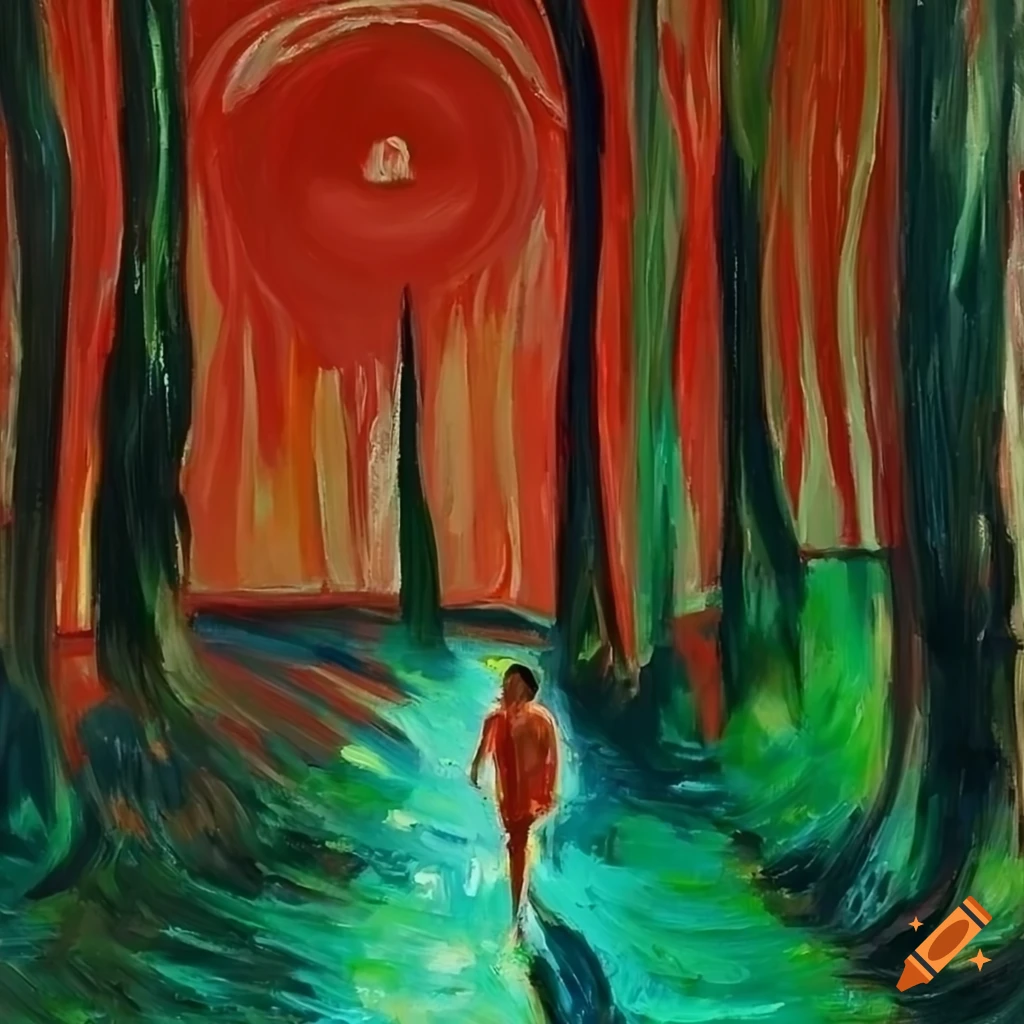 Oil painting of a girl running in a forest with ghostly figures on Craiyon
