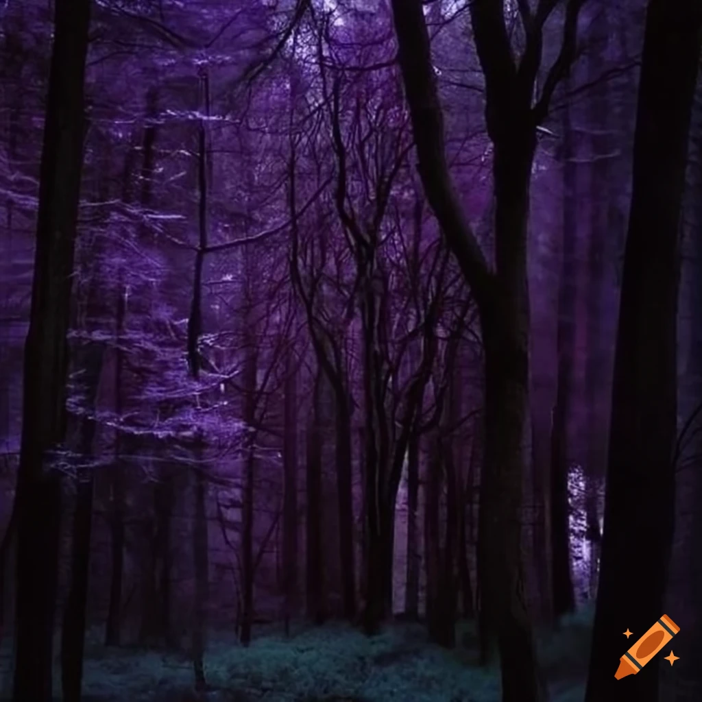 Nighttime forest with purple leaves and blue light on Craiyon