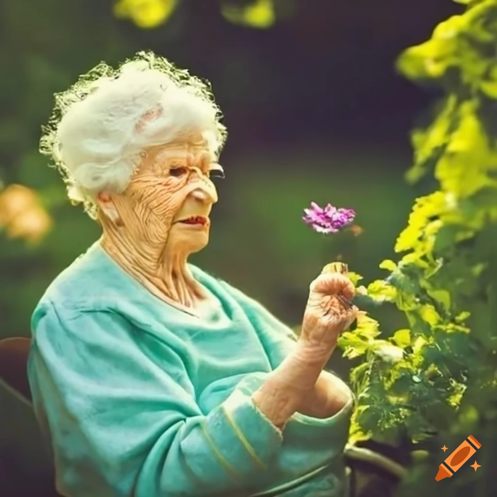 Elderly woman gardening in a beautiful garden