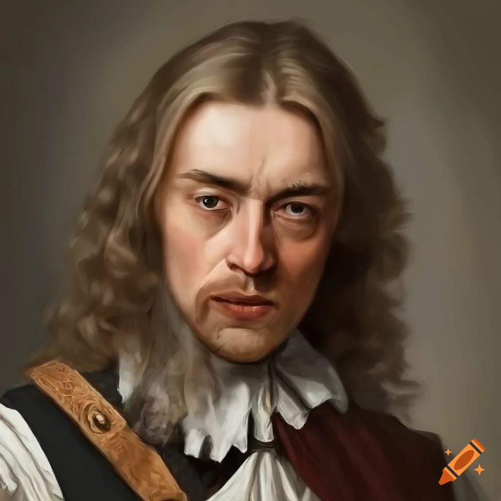 portrait of a 17th century man with sharp features and long hair