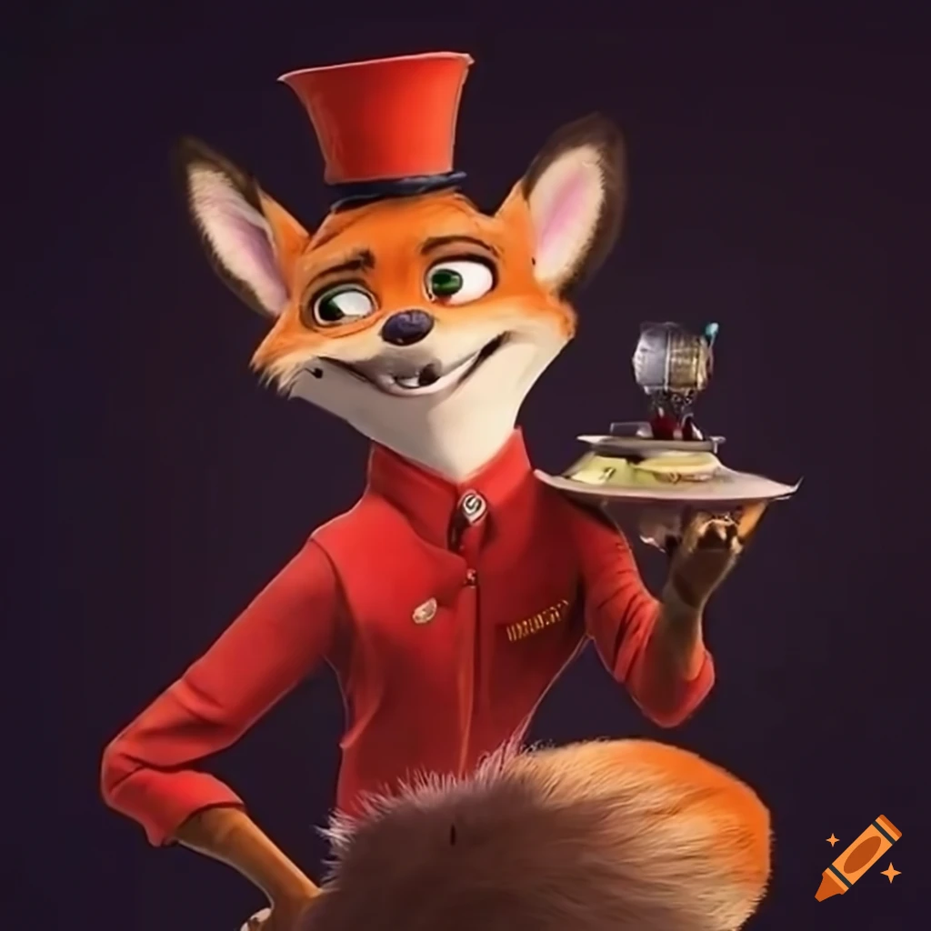Image of a fox dressed as a hotel bellhop in zootopia